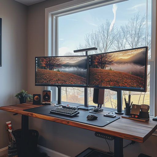 Modern work-from-home environment with dual monitors and standing desk for productivity