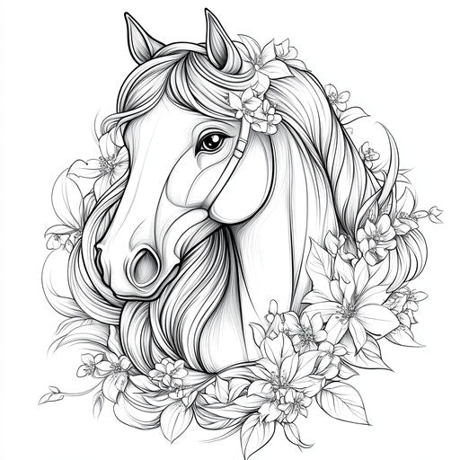 Stylish pony with clean lines in the style of Megan Hess, Coloring book page