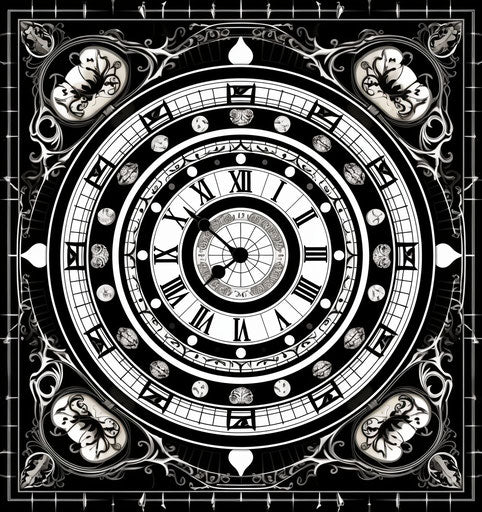 Black and white clock with pattern, alchemical symbolism style, luxurious, exotic, realistic 15:16