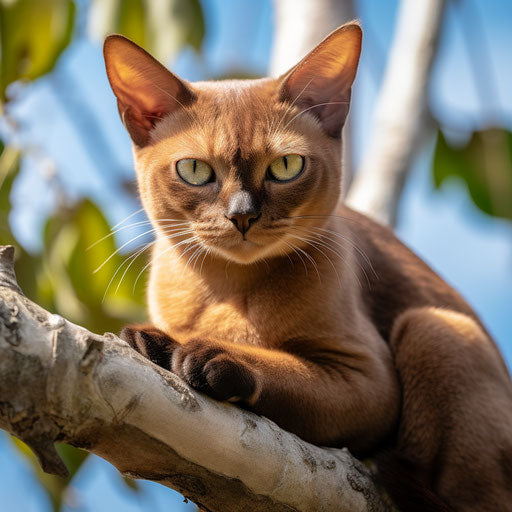 Burmese cat on a tree branch