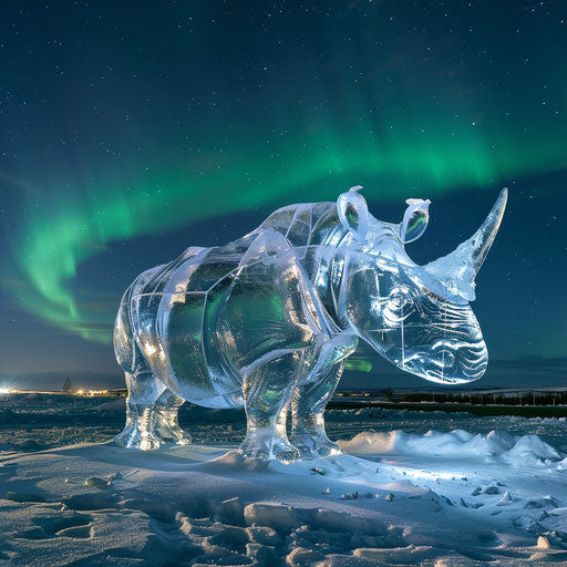 Ice sculpture of a rhino under the aurora borealis