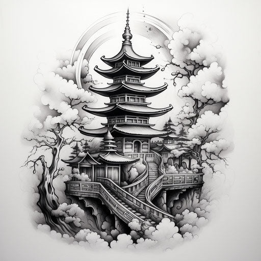 Drawing of an oriental palace and pagoda in charcoal style