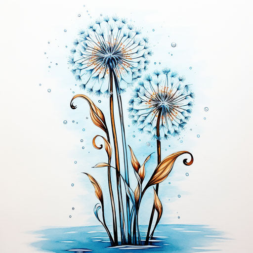 Two dandelions in water, ink and color style, airbrushing
