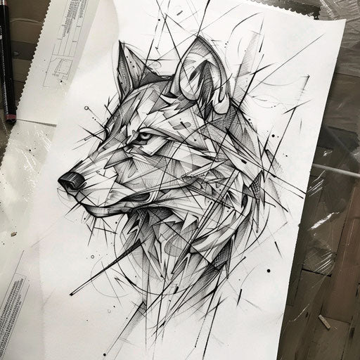 Graphic tattoo sketch of a wolf with sharp lines