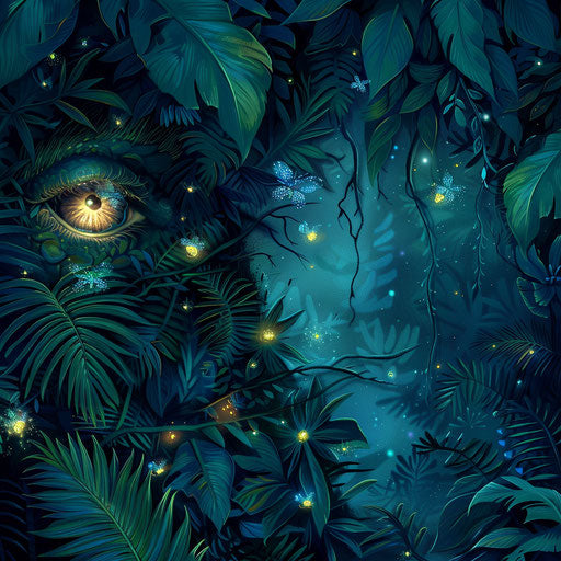 Mystical tattoo sketch of a nighttime jungle with glowing eyes and fireflies, in dark greens and blues