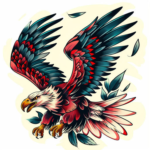 Neo-traditional eagle tattoo illustration, bold colors and outlines