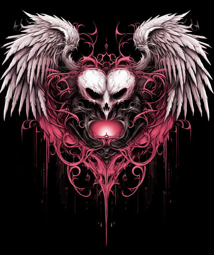 Winged black and white heart with carved heart, pinkcore style