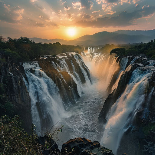 Hogenakkal Falls with misty spray and sunset glow
