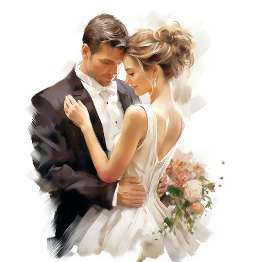 Wedding couple clipart in the style of oil painting, on white background