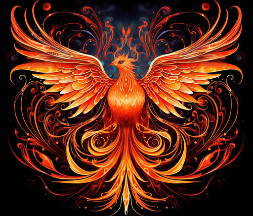 Red and orange phoenix bird, art nouveau style, organic flowing lines