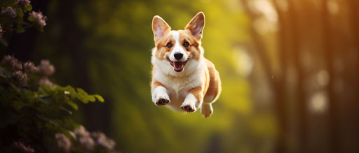 a white corgi soaring on a spring day