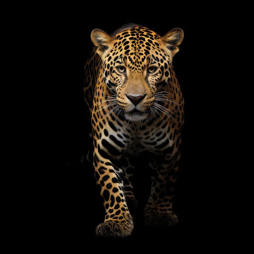 Jaguar animated GIF style, black background, animals and people