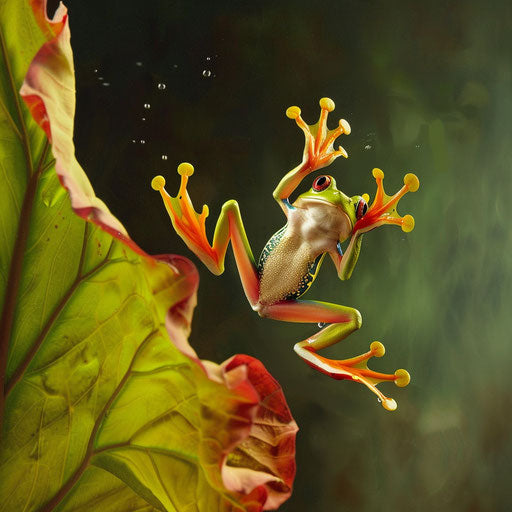 Dance of agility and grace of a frog jumping from one floating leaf to another