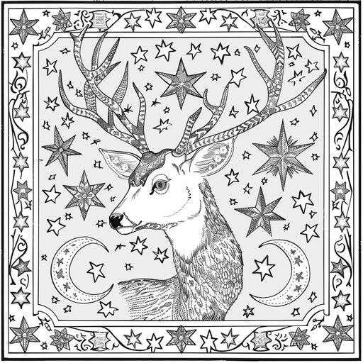 Intricate design of a deer surrounded by stars and moon motifs