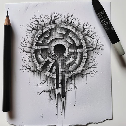 Flat tattoo sketch of an enigmatic labyrinth with a hidden path