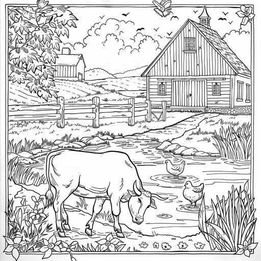 Farm with a barn, a cow, and chickens