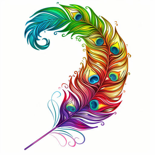 Stylized peacock feather in rainbow colors, flat tattoo sketch for pride