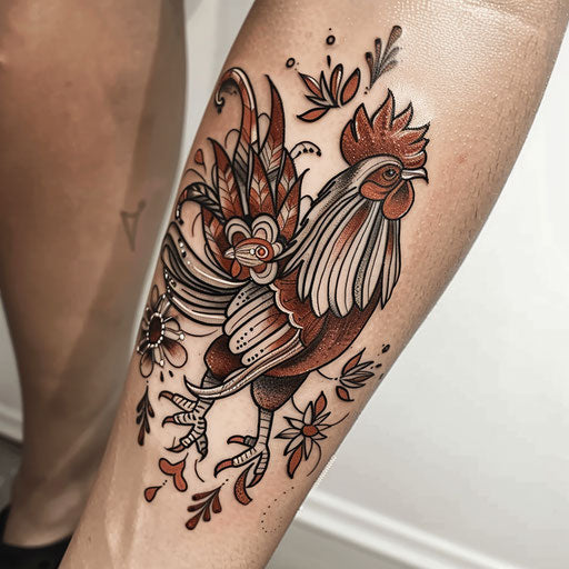 Neo-traditional rooster tattoo on white background