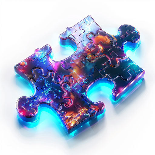 Futuristic puzzle piece tattoo with metallic and holographic effects