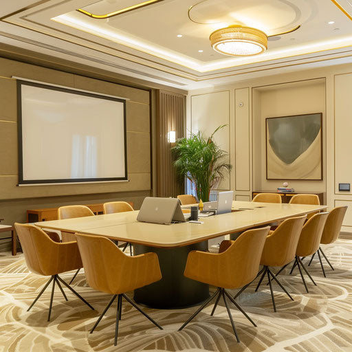 Spacious conference room with table, screen, and comfy chairs
