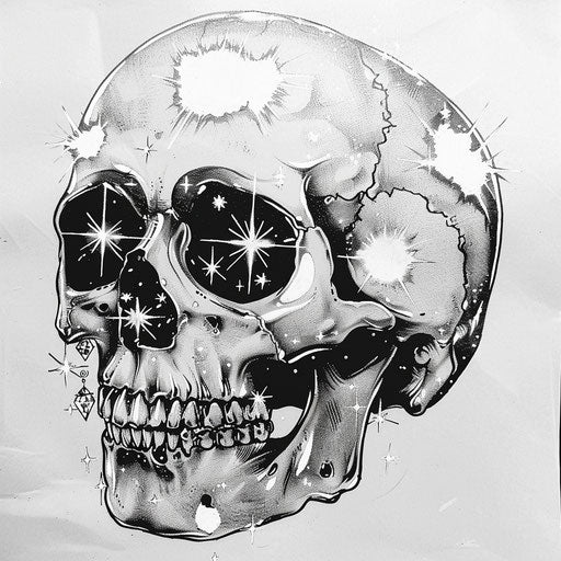 Sketch of edgy sparkle tattoo of a skull with glittering diamond eyes in monochrome
