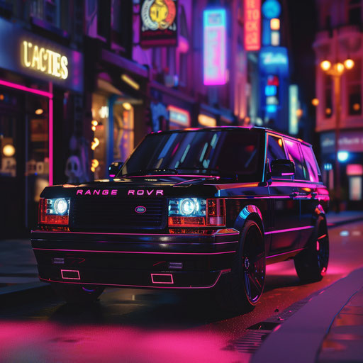 Futuristic electric vehicle in nighttime urban landscape