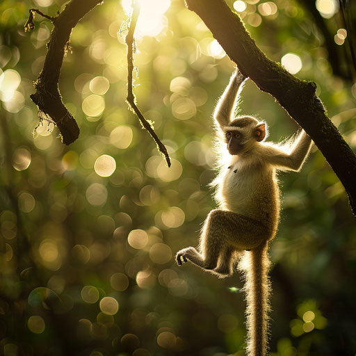 Vervet monkey swinging in dense forest