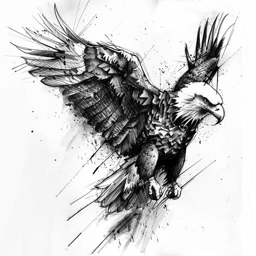 Illustrative sketch style eagle tattoo, with cross-hatching and dynamic lines, on a white background.