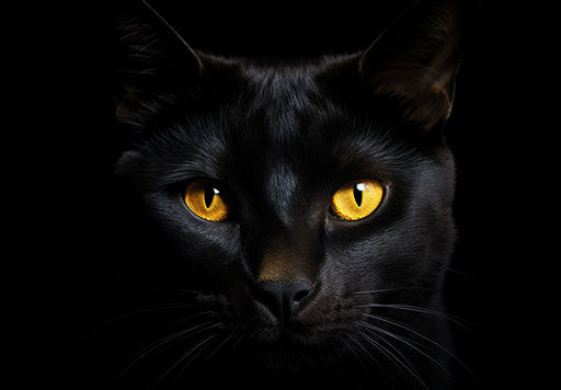 A black cat on a black background with yellow eyelets, poetically haunting