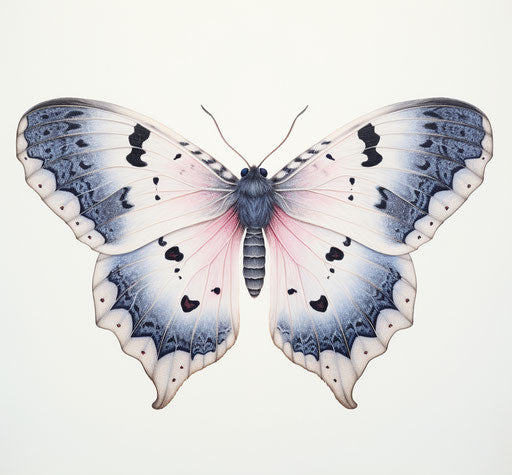 Ink drawing of a black moth with iridescent pink spots and white