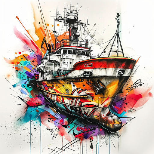 Bold urban tattoo drawing of a cargo ship with graffiti tags and vibrant colors