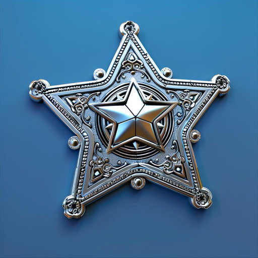 Shining sheriff badge on flat royal blue background