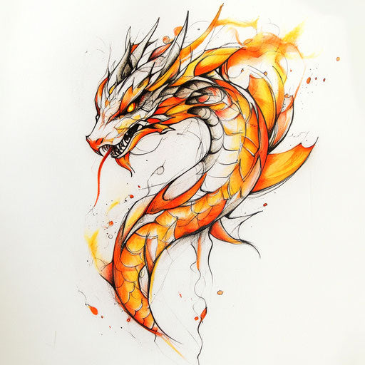 Beautiful flat tattoo sketch dragon breathing fire in orange yellow tones