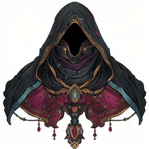 Fantasy hood with bold jewel tones and golden accents