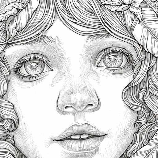 Angelic face with gentle eyes - Coloring book page