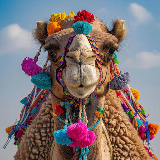 Camel adorned with colorful tassels ready for a ceremonial parade