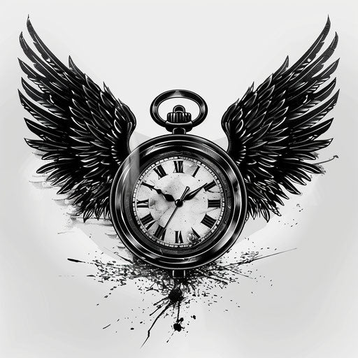 Dynamic flat tattoo sketch of winged stopwatch
