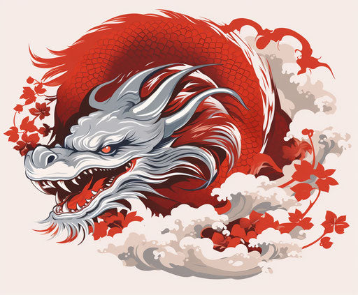 Dragon tattoo in ukiyo-e style, silver and dark red