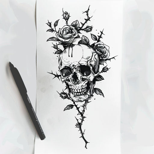 Tattoo sketch of a skull with roses growing through it