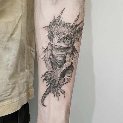 Forearm tattoo featuring a fantasy creature, in the style of Peter Jackson