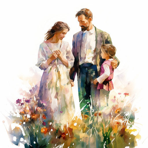 Family clipart in the style of Impressionistic Art, on a white background