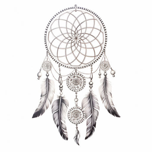 Dream catcher with feathers, intricate blackwork style