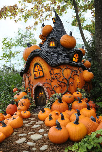Pumpkin house surrounded by pumpkins for Halloween