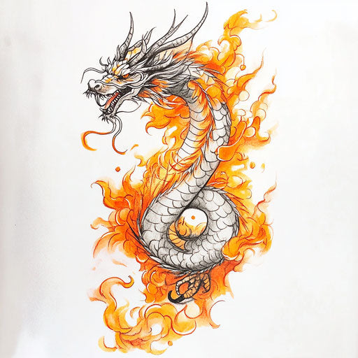 Flat tattoo sketch dragon with fire breathing, women's tattoos