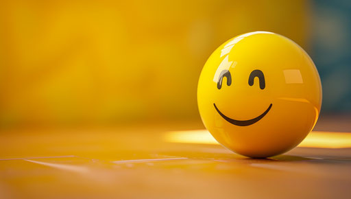 Smiling yellow face, vray style, round, decorative commission