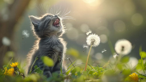 Gray kitten yawning in dandelion in green grass