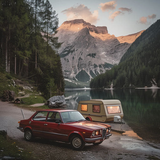 Alfa Romeo Alfasud with camper trailer by mountain lake at sunset