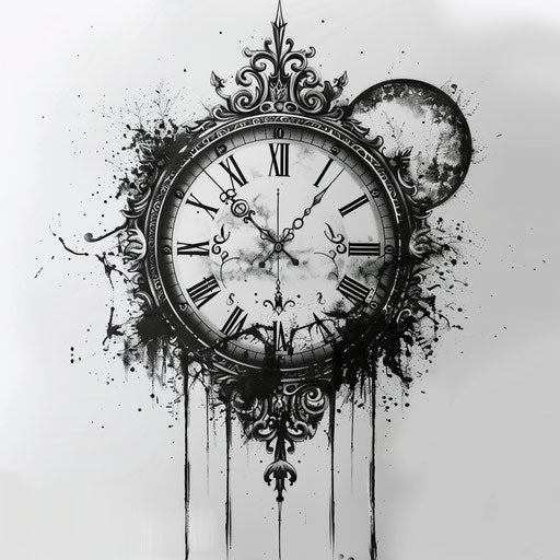 Flat tattoo sketch of a micro realism old clock face with hands at midnight