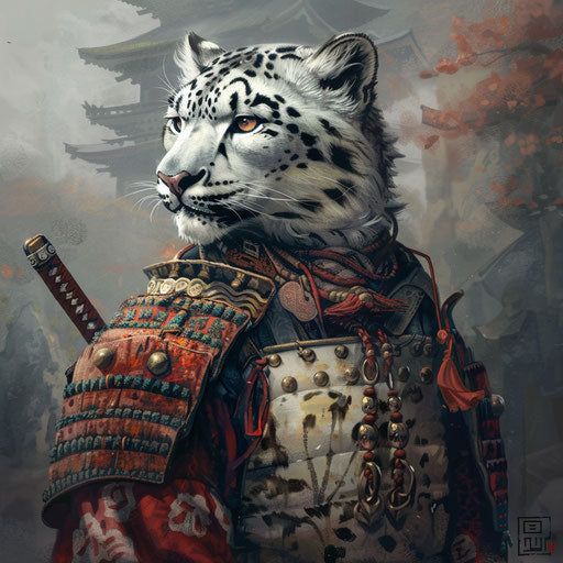 Snow leopard in samurai armor ready for battle