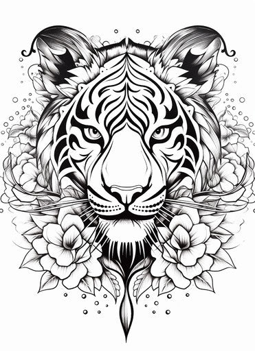 Black and white drawing of a tiger flora realism sketch